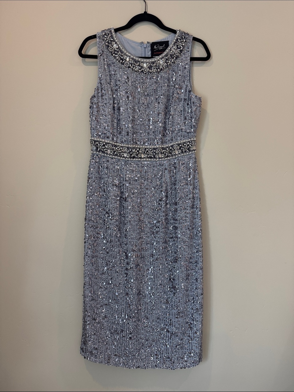 Mac Duggal Silver Beaded Sleeveless Midi Dress